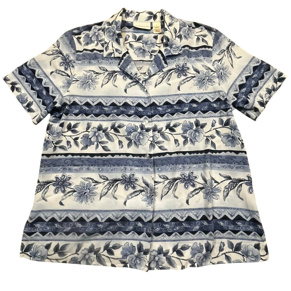 Alfred Dunner Womens Size 10 Blue Floral Stripe Button Front Blouse Cottagecore